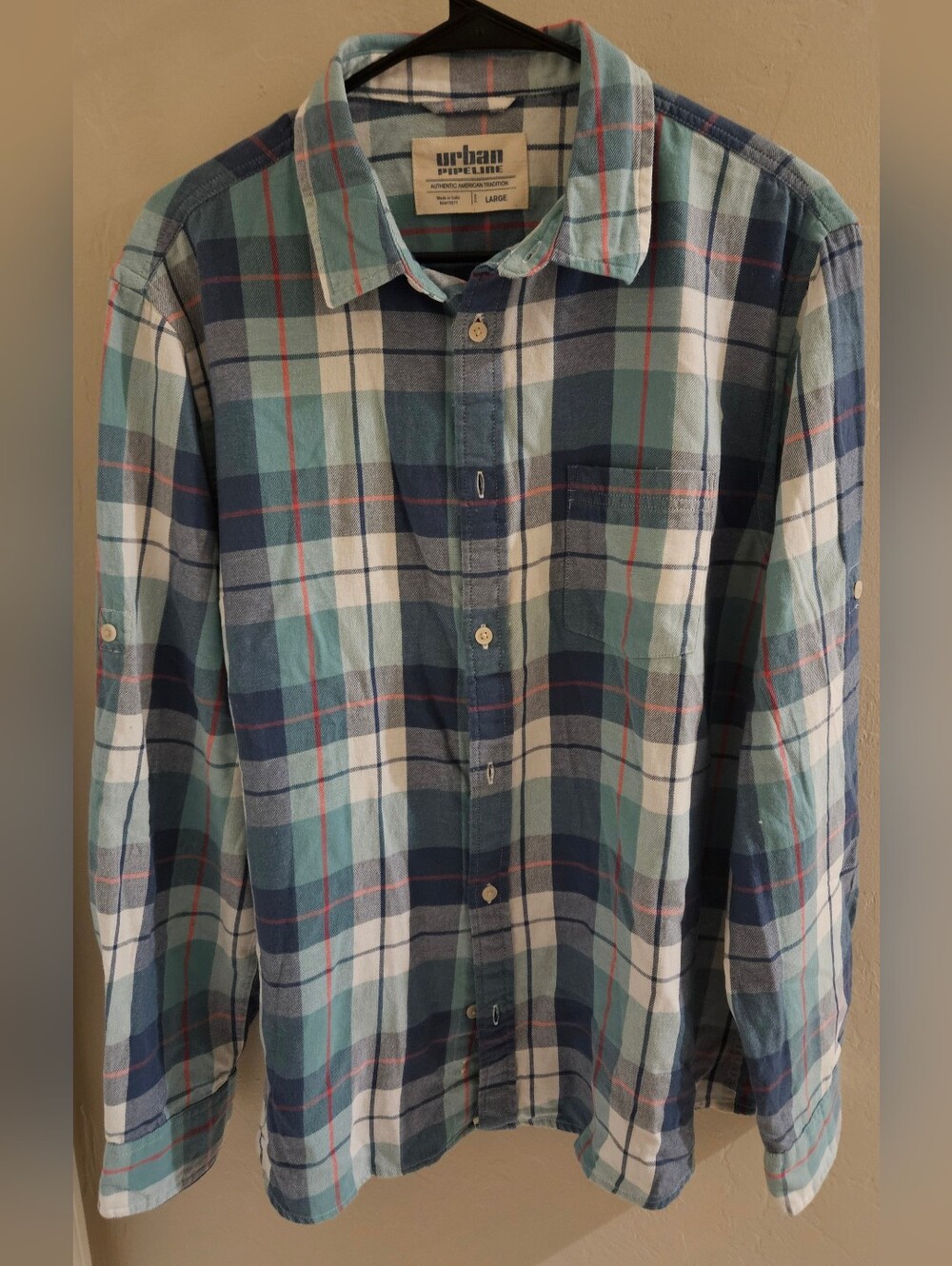 Urban Pipeline Plaid Flannel Shirt Mens Blue Green Large NWT